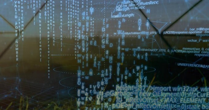Transparent AR HUD animating over grassy horizon triggered by rising code streams to show data