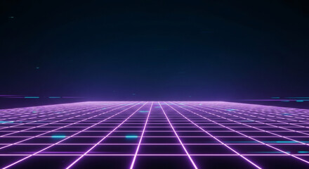 Vibrant neon grid extends into a dark, starry horizon, forming a retro-futuristic virtual landscape with glowing purple and blue lines, symbolizing abstract digital technology.