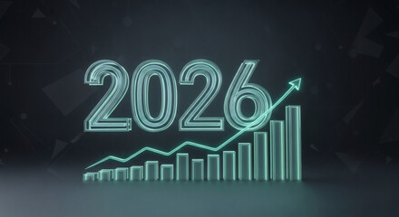 Digital projection of 2026 with a glowing upward trend graph and increasing bar chart, symbolizing future success, business growth, and optimistic economic forecasts.