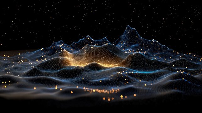 An abstract digital landscape with a network grid and glowing particles, resembling mountains, set against a starry night sky.