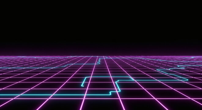 Futuristic Luminous Grid with Glowing Blue and Purple Trails, Evoking a Sense of Cybernetic Exploration and the Vastness of the Digital Realm. - Powered by Adobe