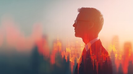 Side profile of financial analyst with candlestick chart overlay on city background. Concept for stock market analysis, investment strategies and financial forecasting