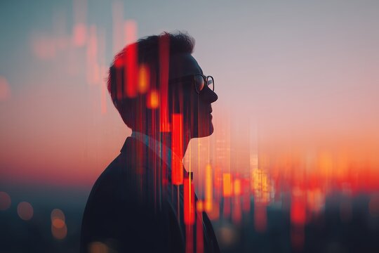 Silhouette of a senior financial analyst at sunset with superimposed stock market data, concept for investment strategy, risk management and economic forecast