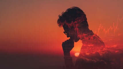 Silhouette of a thoughtful financial analyst with a stock chart overlay against sunset, concept for investment risk management, economic forecast and stock market analysis