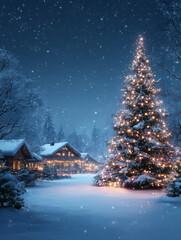 Winter village with christmas tree sparkling at night