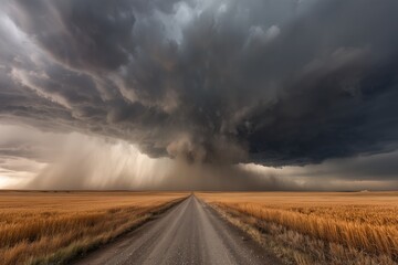 Dramatic storm clouds over a dirt road and golden wheat field, creating a moody atmosphere concept for weather illustration, rural landscape photography and environmental awareness campaigns