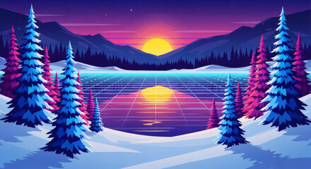 Vibrant retro winter landscape a synthwave sunset over a neon grid lake, framed by stylized blue and pink trees and snow-capped mountains.