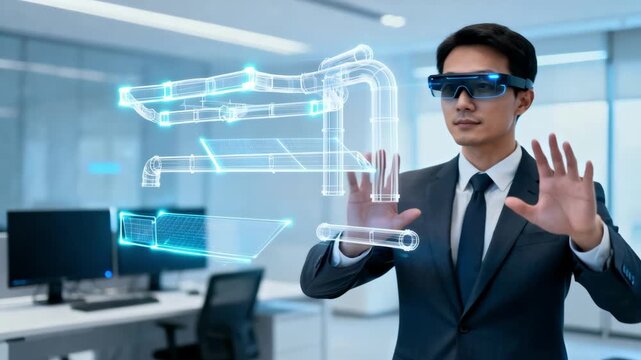 Medium shot capturing a professional using augmented reality tools to compare structural components in a virtual twin environment