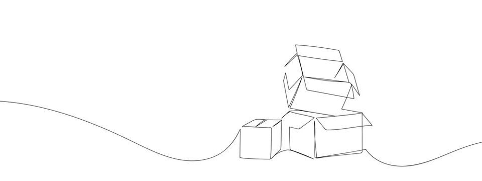 Cardboard boxes piled together in one continuous line. Vector illustration, One line art, Line art graphic style Editable stroke.