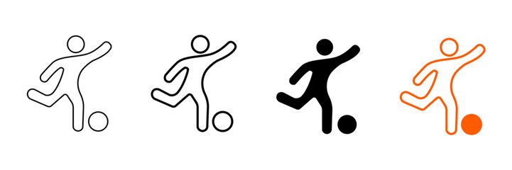 Set of minimalist soccer player icons with transparent background, depicting football, athletic activity, ui ux elements, sports apps, vector illustration
