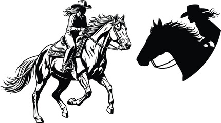 Detailed Black Silhouette Vector Illustration of a Cowgirl Riding a Horse at a Gallop, Ideal for Western Themes, Rodeo Events, Equestrian Sport, and Horseback Riding Graphics