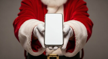 Santa Claus presenting a blank smartphone screen, ideal for festive digital messages and holiday app promotions, symbolizing modern communication and seasonal greetings.