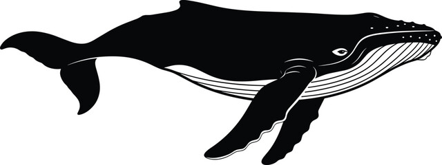Detailed Black Silhouette Vector Illustration of a Humpback Whale Swimming in the Ocean, Ideal for Marine Life Logos, Conservation Graphics, Nature, and Aquatic Design Content