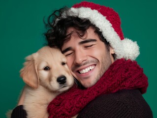 Cheerful man wearing Santa hat hugging adorable golden retriever puppy with green background. Concept for holiday greetings, family celebration and pet adoption