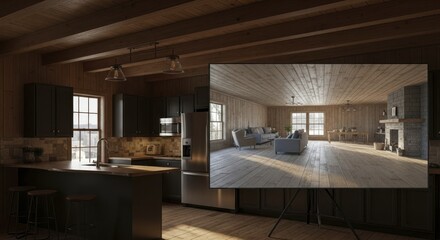 Modern rustic kitchen setting displays a projected image of a bright, spacious living area
