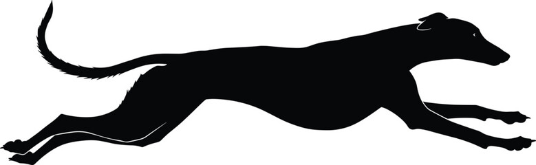 Sleek Black Silhouette Vector Illustration of a Greyhound or Sighthound Running at Full Speed, Ideal for Dog Racing, Pet Store Logos, Speed, and Athletic Graphics Design
