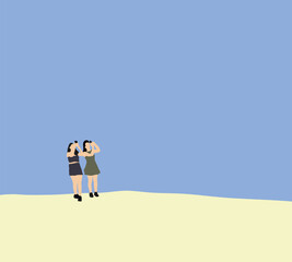 Women use smartphone take photo on blue sky. Travel summer holiday vacation. Nature outdoor activity.