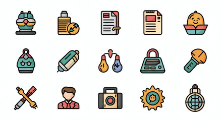 Diverse Vector Icon Set Essential Professional Tools, Creative Concepts, and Modern Elements for Business, Science, and Everyday Applications