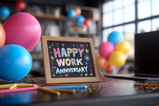 Close-up Happy Work Anniversary board on a decorated desk with balloons and laptop. Concept for company celebration, employee recognition and business milestone