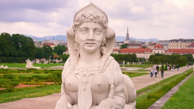 Sphinx statue in front of Belvedere palace in Vienna, Austria. Summer in Europe travel, famous tourism destination.