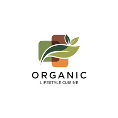 Organic Lifestyle Cuisine Logo with Green Leaves and Geometric Shapes.