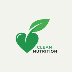 Green Heart and Leaf Logo for Clean Nutrition and Healthy Lifestyle.