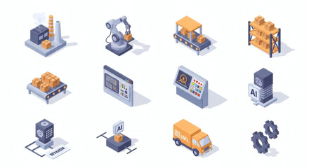 Comprehensive Isometric Icon Set Representing Industry 4.0, Smart Manufacturing, and Automated Logistics Systems with AI and Robotics Elements