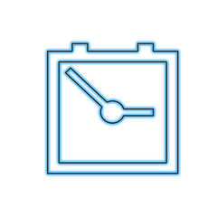 Neon blue clock face icon with hour and minute hands isolated on transparent background