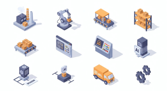 Comprehensive Isometric Icon Set Representing Industry 4.0, Smart Manufacturing, and Automated Logistics Systems with AI and Robotics Elements