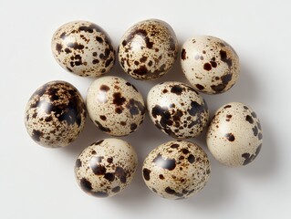Obraz premium Close up of speckled quail eggs on a white surface. Concept for Easter celebration, food presentation and healthy eating