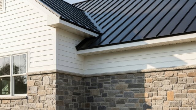 Modern home exterior with dark metal standing seam roof, white siding, and stacked stone foundation creating a sophisticated facade for a new construction property