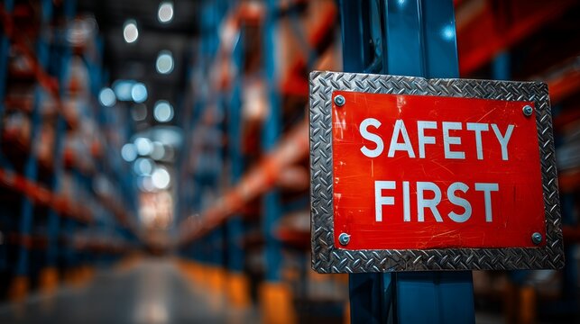 Close up of a sign saying Safety First in warehouse factory environment. Concept for workplace hazard prevention, employee health and industrial risk management