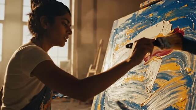 Artist creating abstract painting with brush and palette indoors studio light