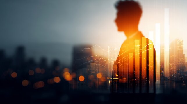 Silhouette of a thoughtful financial analyst with data charts and cityscape background. Concept for investment strategy, business development and economic forecast