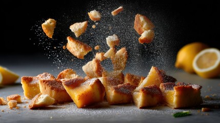 Close-up of lemon bars with powdered sugar falling, with a dark background. Slices of lemon are also visible.