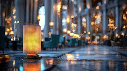 A glowing lamp stands on a marble floor in a grand, elegant interior, with blurred bokeh lights creating a warm and inviting atmosphere.