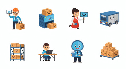 Efficient Global Supply Chain Management and Delivery Services with Modern Logistics Illustrations, Covering Warehousing, Automation, and Customer Support