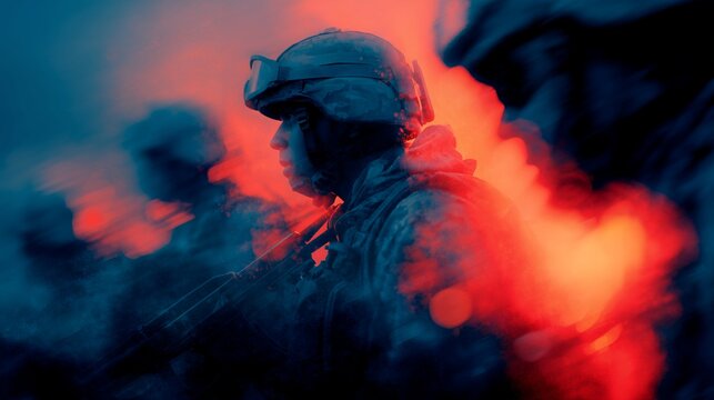 Close up image of a soldier wearing helmet and holding rifle surrounded by smoke, concept for war, military action and security purposes