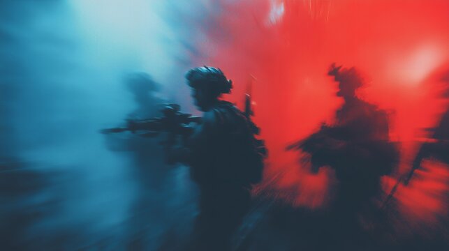 Silhouette of soldiers in action, carrying rifles against a red and blue background. Concept for military operations, armed forces and combat scenarios