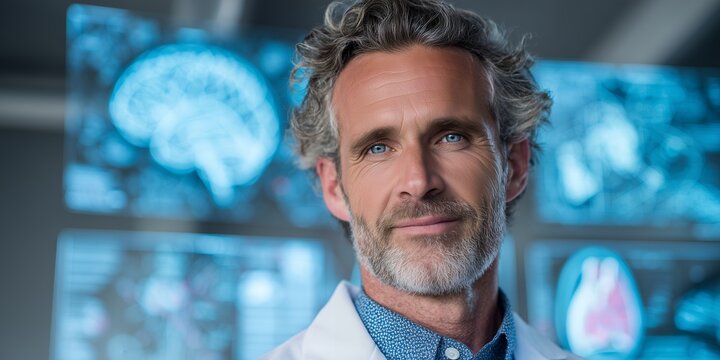 Close-up portrait of a mature male doctor in a white coat with brain scans in the background. Concept for medical research, neurological studies and diagnostic imaging - Powered by Adobe