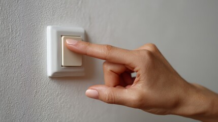 A close-up of a female hand reaching towards a light switch, signaling a warm and inviting home environment.