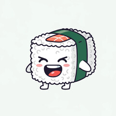A cute and happy sushi roll character with a salmon topping, smiling widely.
