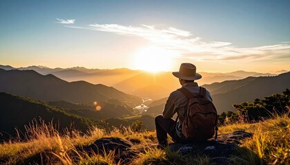 A man wearing a hat and backpack sits on a mountaintop, enjoying the view of a beautiful sunset over the mountains. He is looking at the sun.