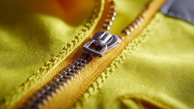 Close-up of a silver zipper on a bright yellow fabric, showcasing detailed textures and craftsmanship.