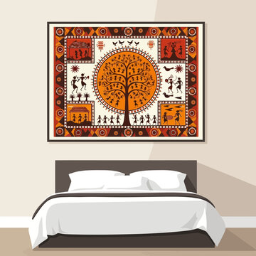 A bedroom setting showcasing a framed tribal art piece above the bed headboard