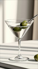 A martini cocktail with olives in a glass on a table, lit by sunlight.