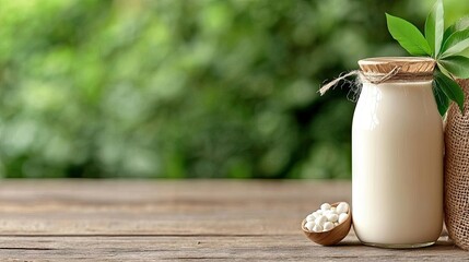 A glass milk bottle with a wooden lid and string, a small wooden spoon with white supplements, and a burlap sack on a wooden table, with a blurred green backgro