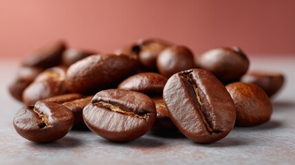 Freshly roasted coffee beans scattered on a textured surface, exuding warmth and richness.