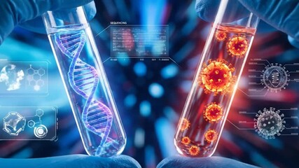 Scientist holding test tubes comparing blue dna helix and red virus structure in lab - Powered by Adobe