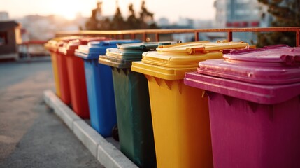 Colorful trash bins lined up outdoors during sunset, creating a vibrant contrast against the soft evening light.